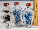 3 Reverse Painted glass Snuff Bottles in Boxes