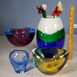 4 Art Glass Vessels incl Sommerso Murano and 4 Glass Flowers