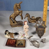 Tray Lot of Metal Ware, Figurines, Tin Types and More