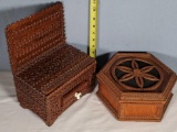 2 Tramp Art Boxes - Box with Tall Backsplash, Hex Shape Box