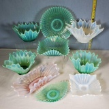 9 Pcs Fostoria Heriloom Glass in Green, Pink and White Opalescent