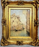 Antique Oli On Canvas Venice Canal Scene Painting with Gondola