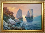 Italian impressionist Oil On Canvas Painting of Dramatic Coastal Scene