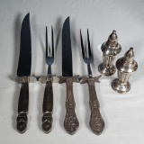 2 Sterling Handle Carving Sets and Weighted Sterling Salt and Pepper
