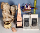 6 Pcs Ethnic Stone Carvings and Tiny Weave Baskets, Beaded Belt, Bookends, and Obelisk