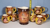 7 Pc Vintage Erphila Barrel Form Beer Pitcher and 6 Stein/ Mugs with Varied Scenic Designs