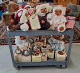 2 Tier Cart Full of Raikes Wood Faced Teddy Bears & Windsor Bears of Cranberry Commons Figurines