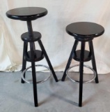 Pair Of Black Painted Adjustable Stools With Chrome Foot Rest