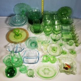 3 Shelves Full of Green Depression, Vaseline, Aqua and other Collectible Glassware