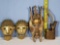 3 Ethnic Brass Masks and Antique Opium Pipe