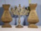 Antique Weathered Brass Candelabra and Pr Triangular Altar Vases