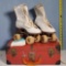 Antique Chicago Roller Skates with Instructions and Red Metal Storage/ Carrying Case