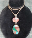 Signed Frank Yellowhorse Navajo Inlay Pendant Necklace