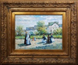 Oil on Canvas Belle Epoch Style Painting of Estate Gathering Landscape Signed 