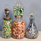 5 Jars of Vintage Marbles Roughly Sorted By Size and Color