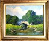 LIllian Daniels Oil On Board Landscape With Stone Bridge Painting