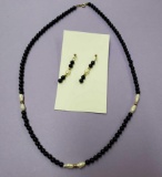 14K Yellow Gold, Black Onyx, & Fresh Water Pearl Necklace & Matching Stud Ear Rings