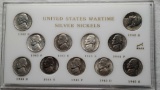 Complete Silver WWII Nickels Collection in Lucite Display, most UNC or better