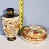 Nippon Porcelain Powder Box and Satsuma Design Vase