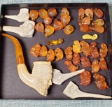 Collection of Carved Bone & Meerschaum Pipes & Amber Animal Figures