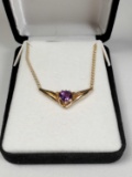 10k Gold Heart Amethyst & Diamond Necklace