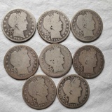 8 Barber Half Dollars (7 Scarce with Mintages around 1,000,000)