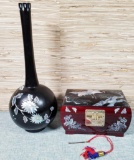Black Lacquer with Mother of Pearl Inlay Vase & Jewelry Box