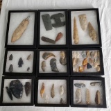 9 Glass Covered Specimin Cases Of Flint Arrow Heads And Tools