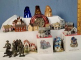 Tray Lot of Miniature Houses, Bottoms Up Glasses and Cast Medal Toy Soldiers
