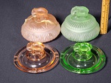 Green and Pink Depression Era Elepant Center Ash Trays and Finial Powder Jars