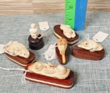 6 Miniature Carved Bone Animals Mounted on Wood
