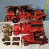3 Fire Engine Model Replicas, 4 Brass Belt Buckles and Bookends