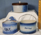 Blue and White Salt Glaze Butter Crocks and Salt Box