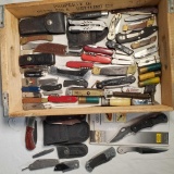 Tray Lot of Approx. 50 Folding, Pocket and Other Knives, Multi-Tools and More