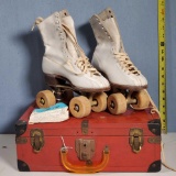 Antique Chicago Roller Skates with Instructions and Red Metal Storage/ Carrying Case