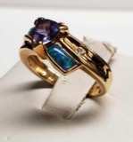 18K Yellow Gold Tanzanite Fire Opal & Diamond Ring