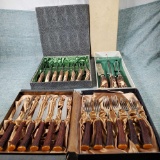 Hand Carved Antler 3 Pc....Carving Set With 8 Steak Knives & Bakelite Faux Antler Steake Set of 6.