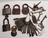 Lot Of 4 Padlocks 1 With Key & Lot Of Skeleton Keys, Key Tags & Keys