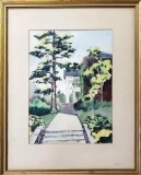 Watercolor of Stately Manor and Pine Atop Flight of Steps by Grace Martin