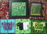 Lot Of 5 Justine Axlexander Originals Acrylic On Canvas, Glass & Board