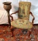 Queen Anne Mahogany Needlepoint Shepherd?s Crook Open Armchair & 2 Pc Carved Wood Jar & Pedistal