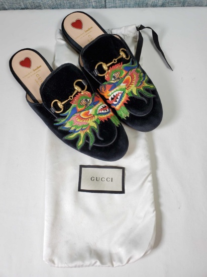 Authentic Pre-Owned Gucci Princetown Black Velvet Emboridered Dragon Mules