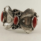 Vintage Pawn Sterling Silver & Red Coral Signed Monogram KB Native American Cuff Bracelet