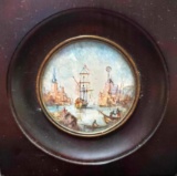 Miniature Round Painting, Limning On Ivory Of Port de Marseille Signed P Valmont