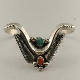 Sarah Chee, Signed S R Chee Sterling Silver Turquoise & Red Coral Vintage Navajo Pawn Cuff Bracelet
