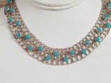 Vintage Taxco Sterling Silver & Turquoise Hammered Link Collar Necklace