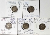 5 Die Variety Three Cent Nickels - 2 1866 Candlestick, 1869/1869 RPD-001 and 2 1875 FS-301 MPD-001