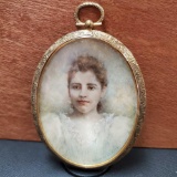 K. Montgomery Miniature Portrait, Limning On Oval Vellum Of Victorian Woman