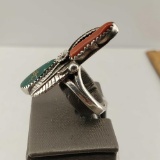 Sterling Silver Navajo Native American Red Coral & Turquoise Ring