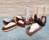 12 Antler Artisan Hand Carved Small Animals Mounted on Wood Bases